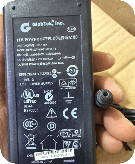 *Brand NEW* GlobTek Inc GT-81081-6015-T3 ITE Power Supply 15V 4A 60W, 5.5×2.5mm Round Port Charger Cable Genui